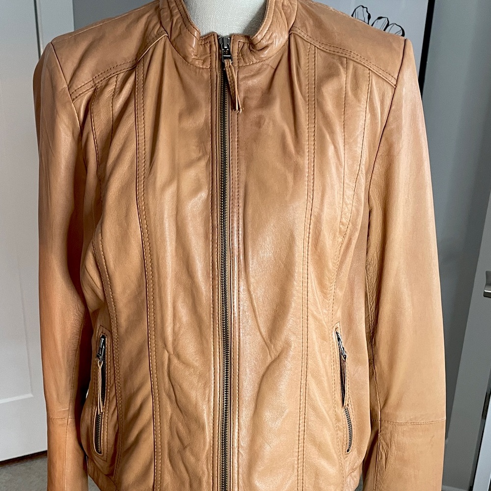 Black Rivet Women's Tan Leather Bomber Jacket - XL | Stylish Zip-Up